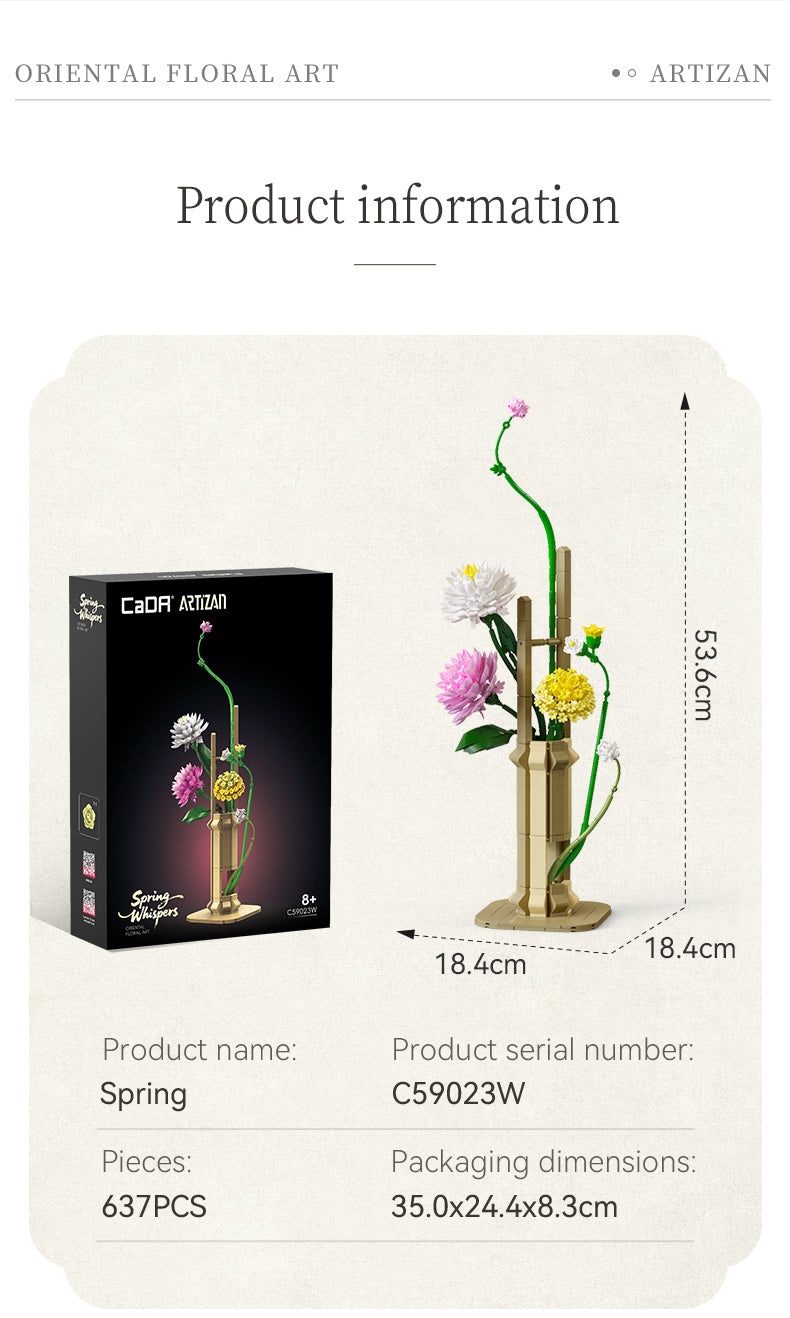 CaDA Spring Blumenmodell neben seiner Schachtel mit Maßpfeilen und Produktdaten
