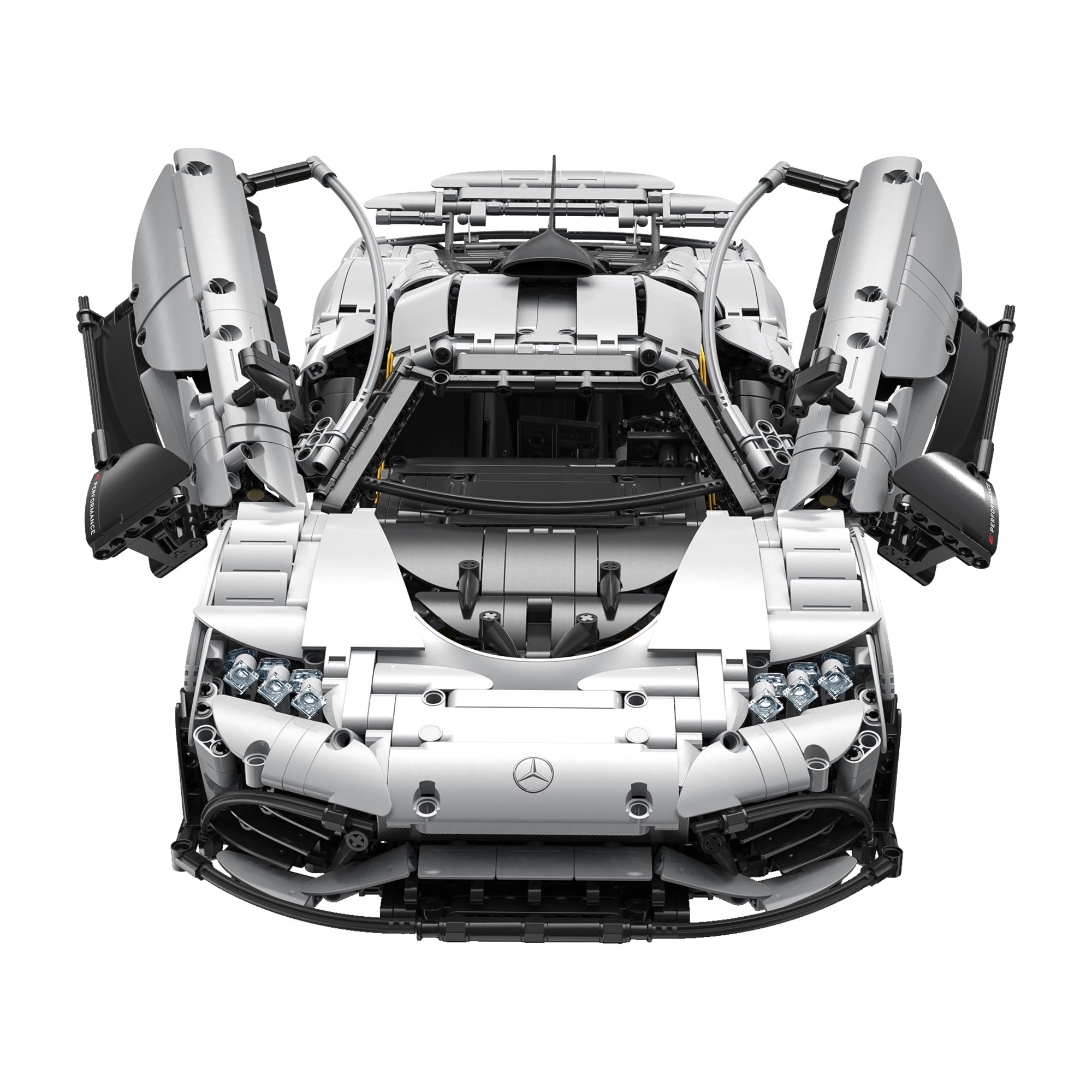 Frontansicht des Mercedes-AMG ONE mit geöffneten Schmetterlingstüren