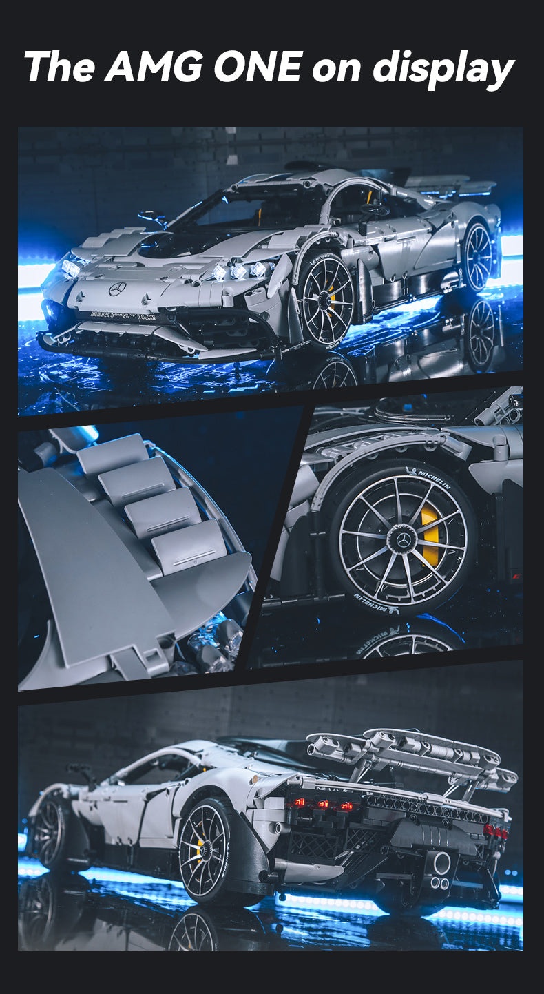 Mercedes-AMG ONE mit beleuchteten Scheinwerfern sowie Rad- und Heckdetails