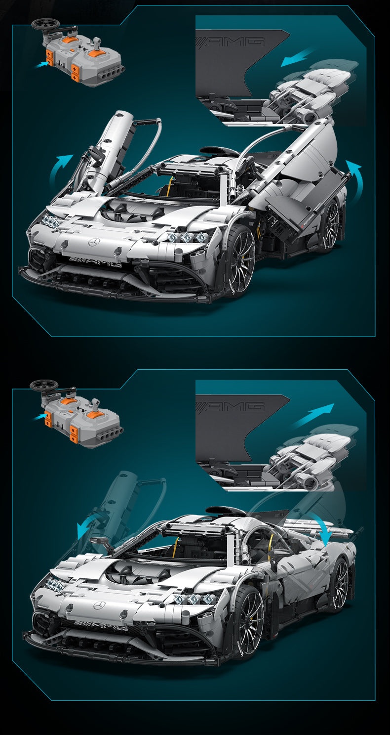 Mercedes-AMG ONE mit geöffneten und geschlossenen Türen und verstelltem Heckflügel