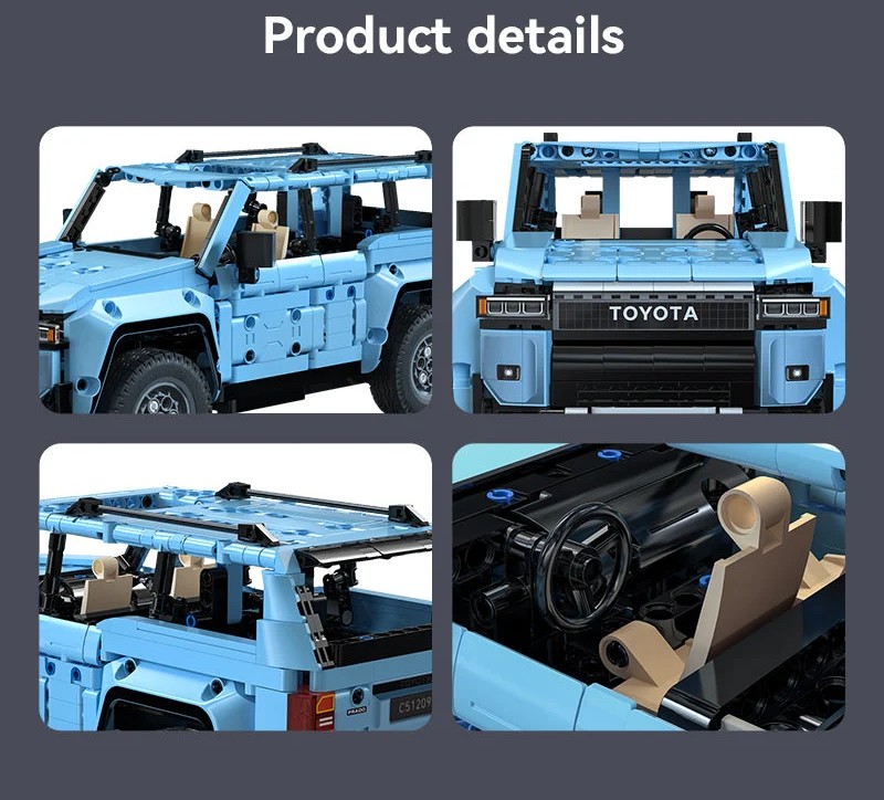 Der Geländewagen überzeugt mit einer markanten Front, detailliertem Innenraum, Dachgepäckträger und funktionierender Federung. Viele Details sind direkt auf den Steinen aufgedruckt, sodass keine störenden Aufkleber erforderlich sind.