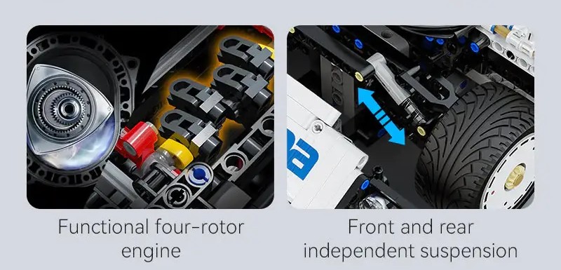 Rotor-Motor mit „Bewegung auf der Spur“-Simulation und Vorder- und Hinterrad-Einzelaufhängung. Optional kann das Modell mit zusätzlichen Motoren für die Fernsteuerung ausgerüstet werden.