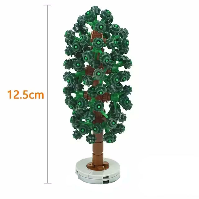Der Baum aus Klemmbausteinen ist schlank, hat eine Höhe von 12,5cm und hat eine eher schmale, längliche Krone. 