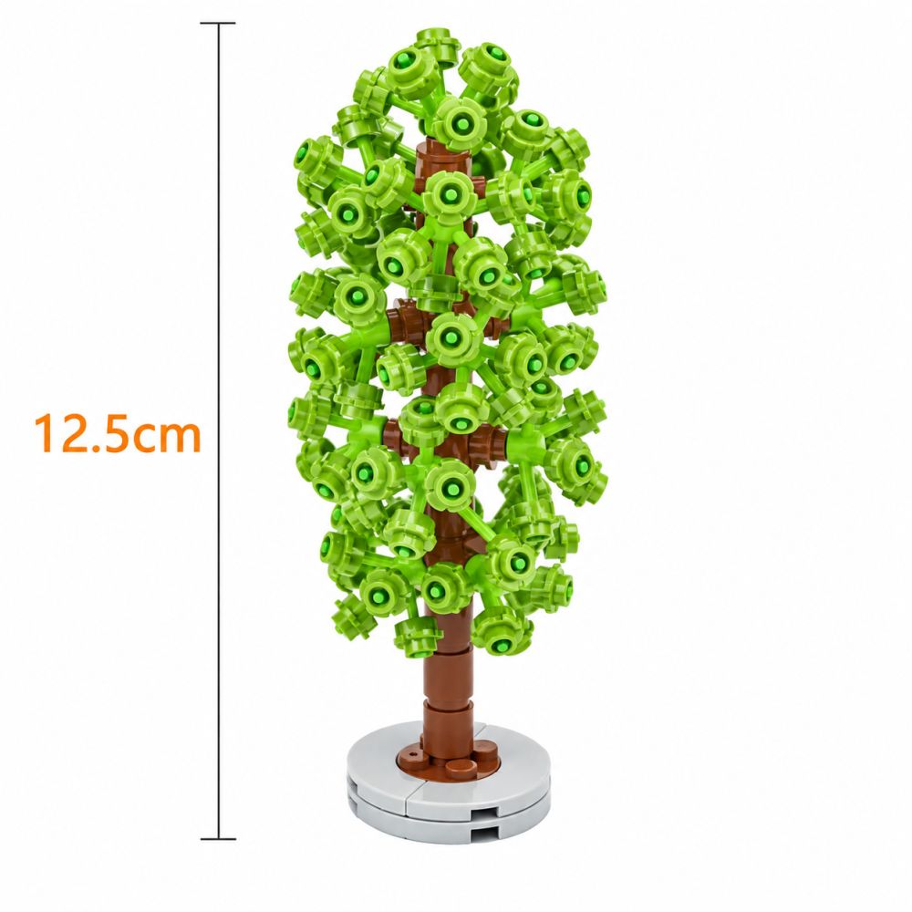 The tree from building blocks is thin, has a height of 12.5cm and has a rather narrow, long crown.