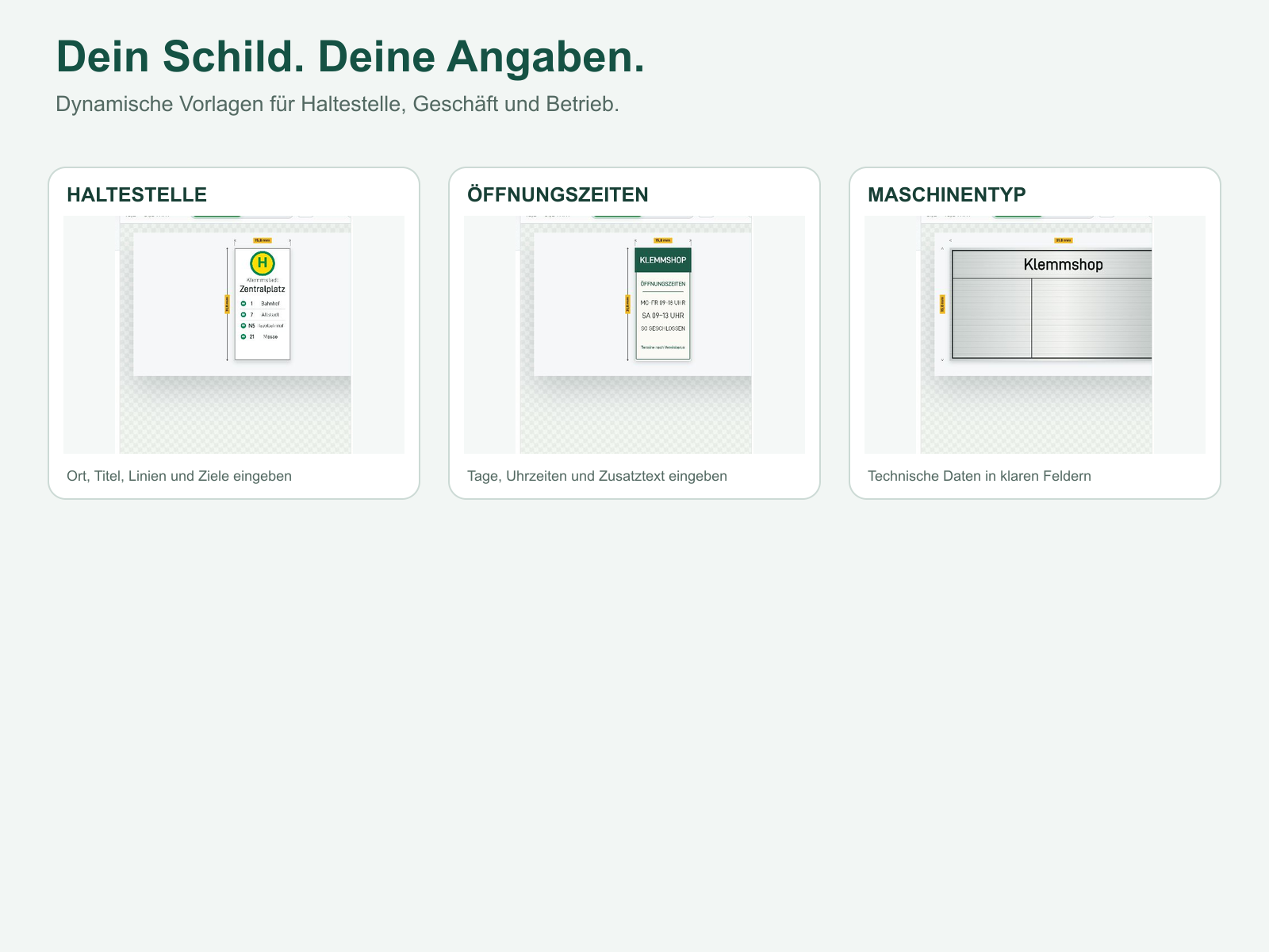 Personalisierbares Haltestellen-, Öffnungszeiten- und Maschinenschild