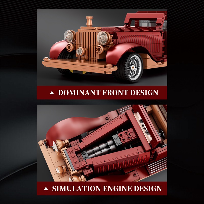 Zu den auffälligen Design-Details gehören unter anderem eine markante Frontpartie mit charakteristischem Kühlergrill, große klassische Kotflügel sowie eine langgezogene Motorhaube, die den typischen Stil historischer Luxuslimousinen widerspiegelt.