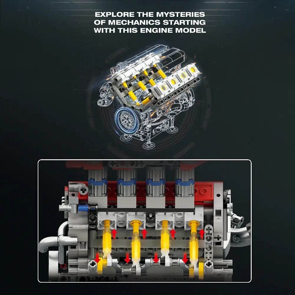 Schritt für Schritt entsteht ein beeindruckendes Motor-Modell mit realistisch nachgebildeten mechanischen Funktionen. Bewegliche Kolben und rotierende Komponenten machen sichtbar, wie ein Rennmotor arbeitet, und vermitteln auf anschauliche Weise technische Grundlagen.  