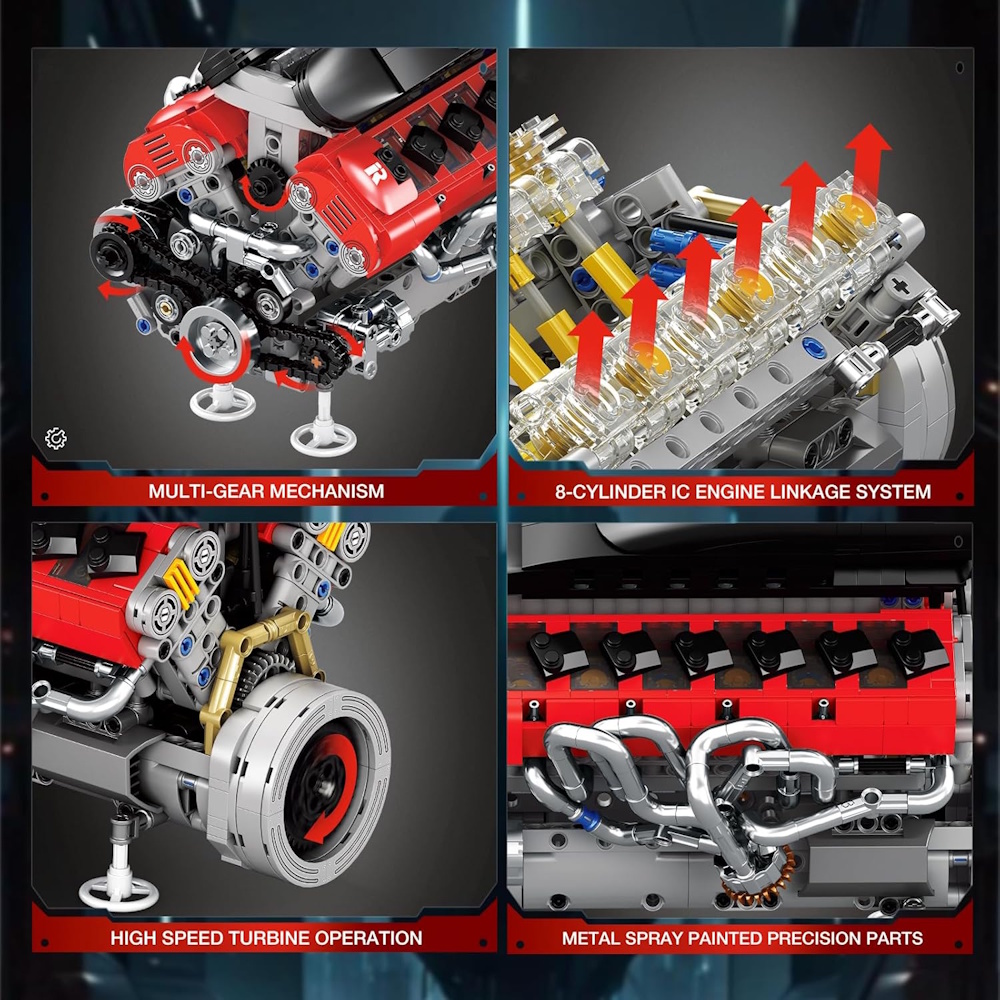 Bewegliche Teile wie Kolben, Zahnräder und Kurbelmechanismen sorgen für ein realistisches Bauerlebnis und vermitteln anschaulich die Funktionsweise eines Motors.