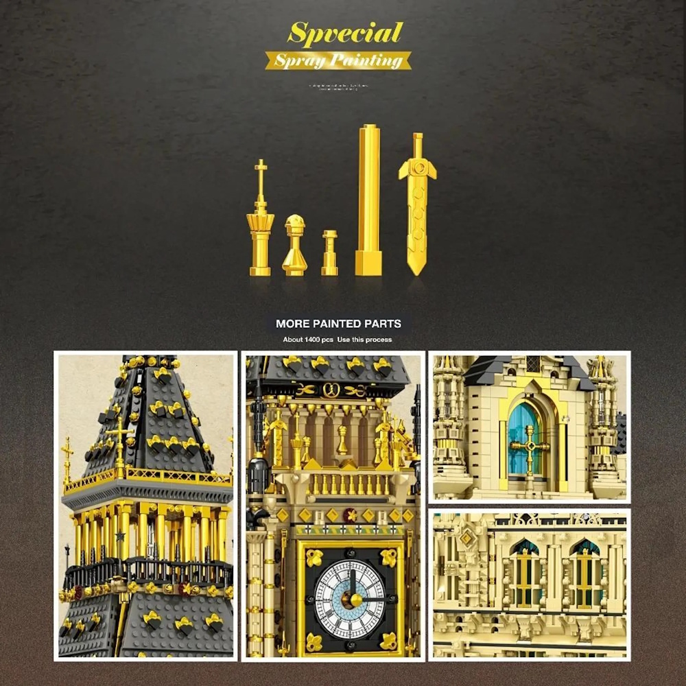Rund 1400 Teile sind speziell lackiert, um die goldene Architektur und Details des Turms dazustellen. 