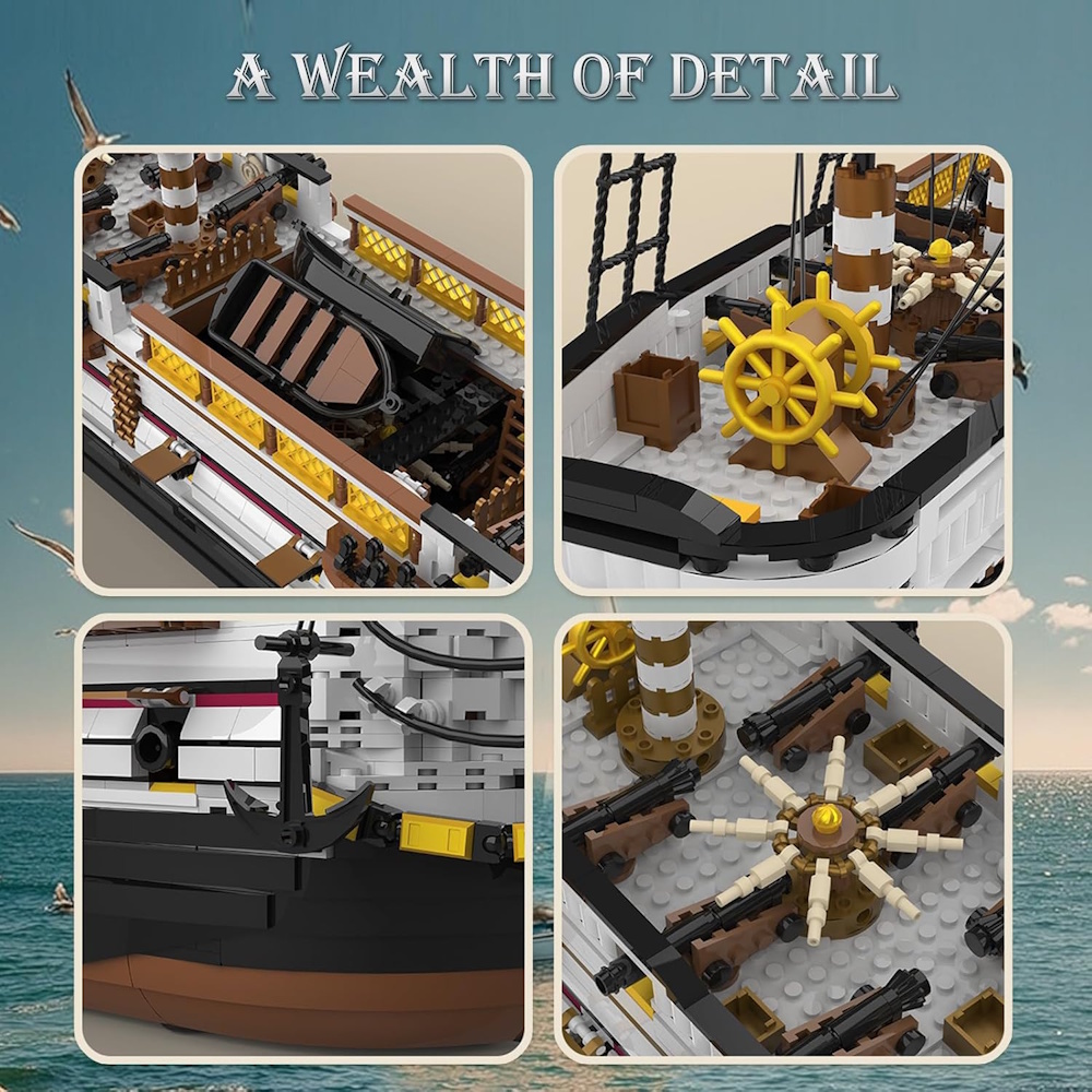 Das Modell basiert optisch auf einem klassischen historischen Segelschiff und überzeugt durch realistische Proportionen, bedruckte Segel sowie zahlreiche fein ausgearbeitete Details wie Reling, Steuerrad und Deckstrukturen. 
