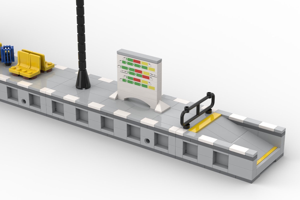 Der Bahnsteig bietet viele Details wie Infotafeln, Laternen und Absperrungen. 